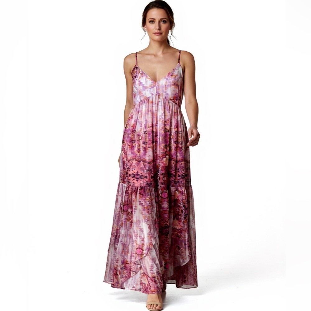a.n.a. Purple Inca Print V-neck Sleeveless Spaghetti Strap Tiered maxi Dress M